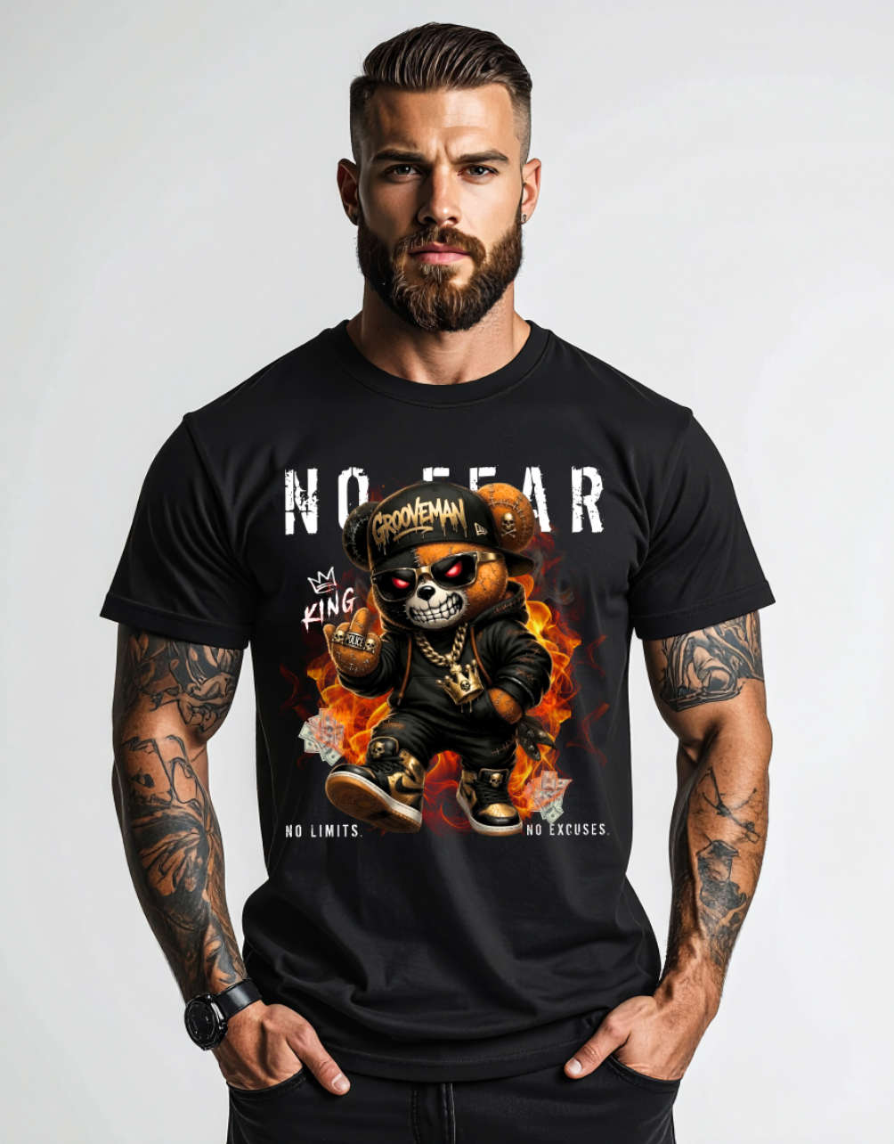 No Fear Skull Teddy Tee – Streetwear Graphic T-Shirt for Men | Grooveman