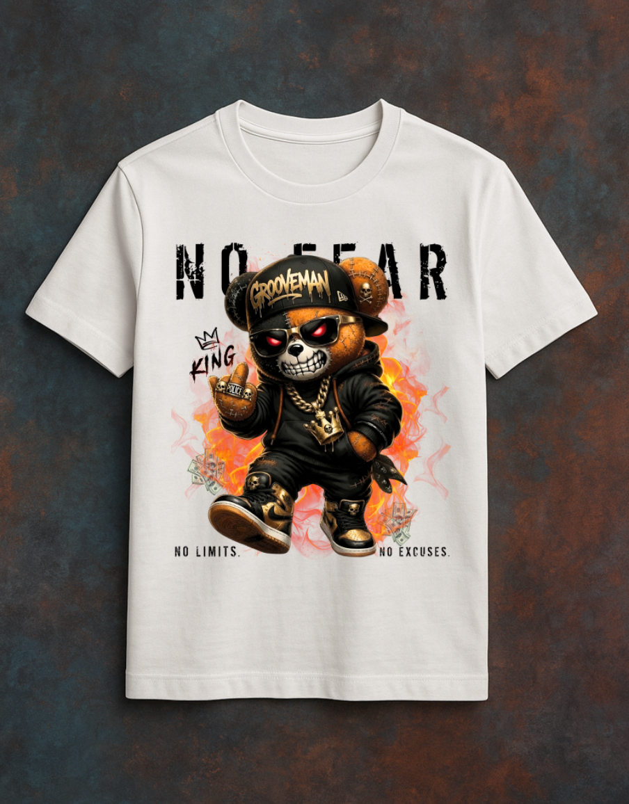 No Fear Skull Teddy Tee – Streetwear Graphic T-Shirt for Men | Grooveman