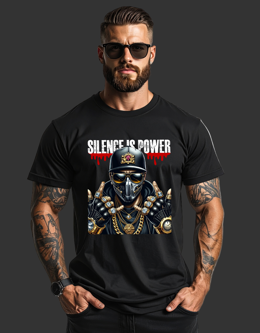 Man wearing a black t-shirt with 'Silence is Power' graphic design on a plain background