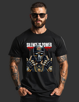 Man wearing a black t-shirt with 'Silence is Power' graphic design on a plain background