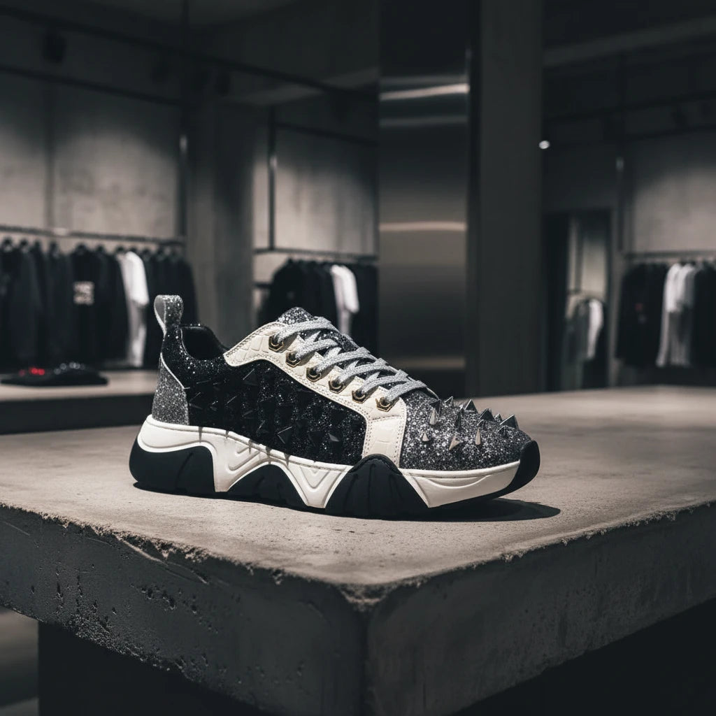 Black and white sneaker with glitter and spikes on a white background