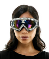 Person wearing decorative goggles with a white background