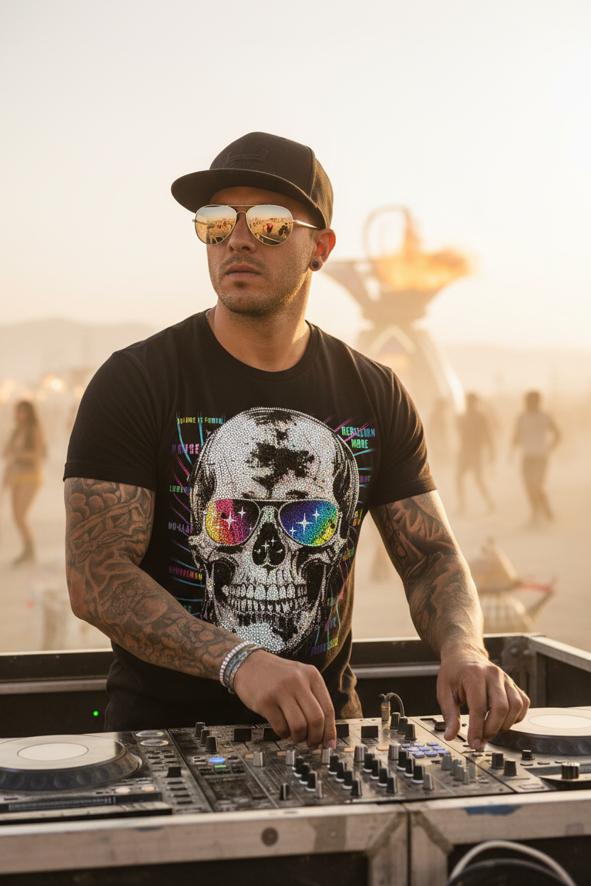 Black t-shirt with a skull design wearing colorful sunglasses on a hanger against a dark background