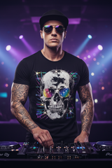 Black t-shirt with a skull design wearing colorful sunglasses on a hanger against a dark background