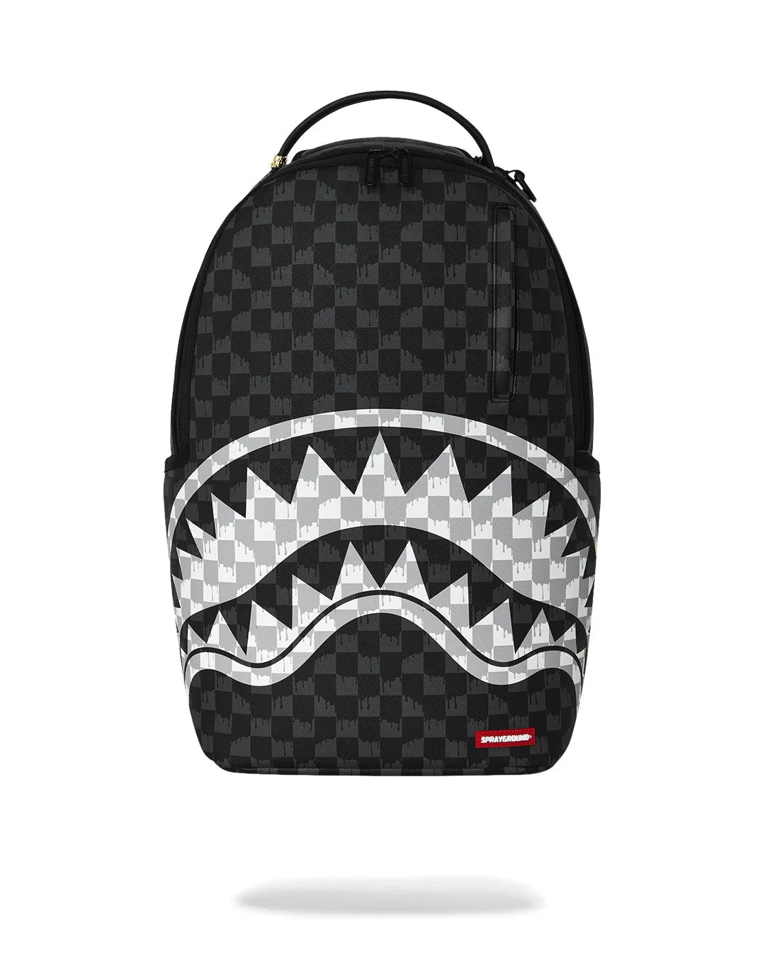 Black checkered backpack with shark mouth design on a white background