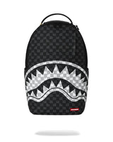 Black checkered backpack with shark mouth design on a white background