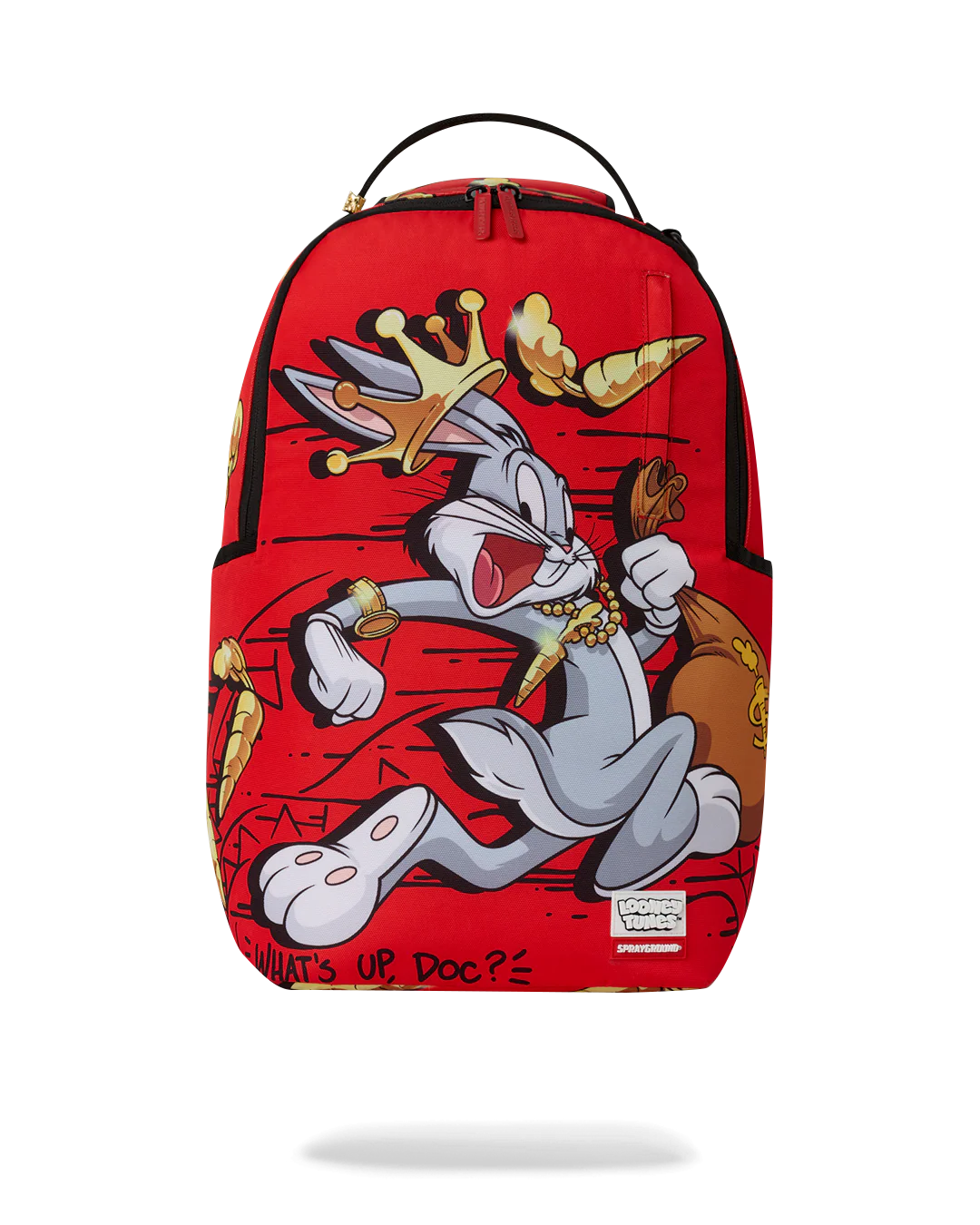 Backpack with cartoon character design on a red background
