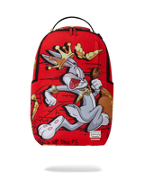 Backpack with cartoon character design on a red background