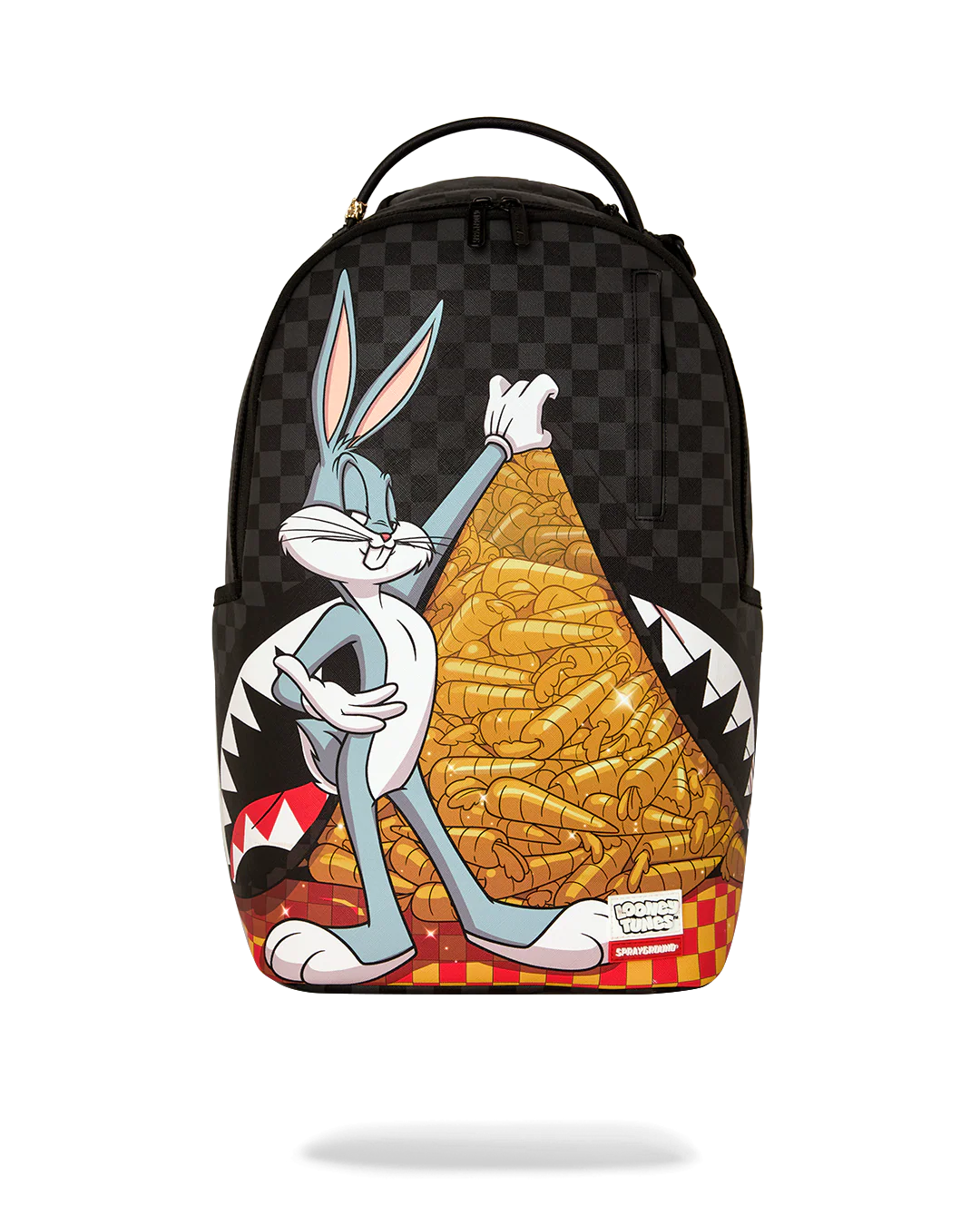 Backpack with cartoon character design on a checkered background