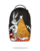 Backpack with cartoon character design on a checkered background