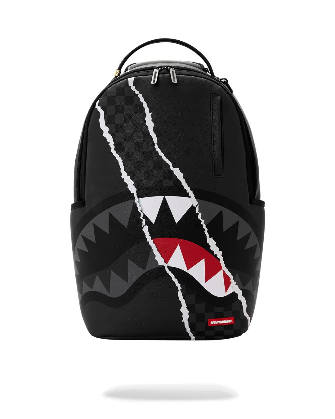 Black backpack with shark mouth design and visible brand logo on a white background