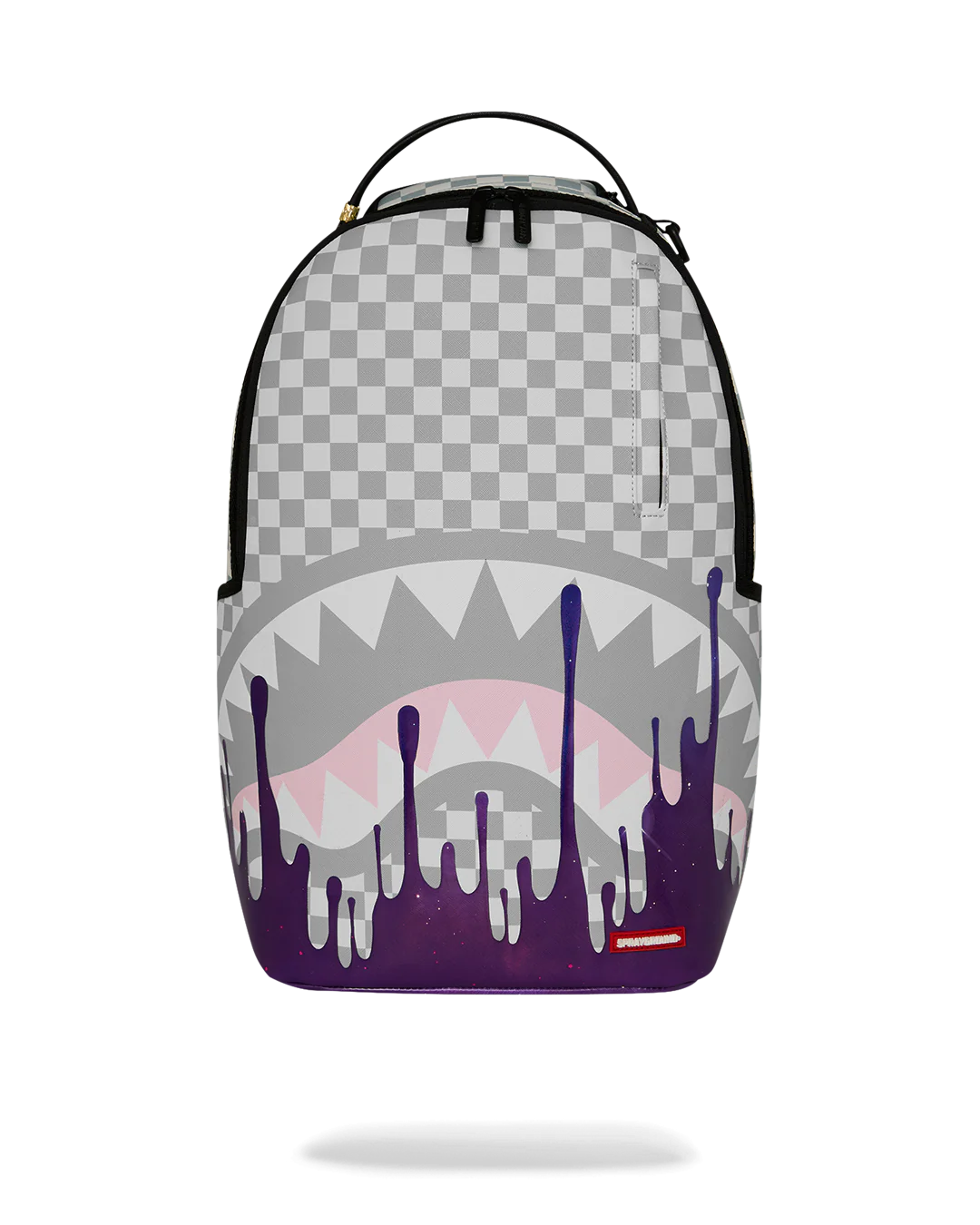 Backpack with shark design and checkered pattern on a white background