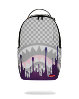Backpack with shark design and checkered pattern on a white background