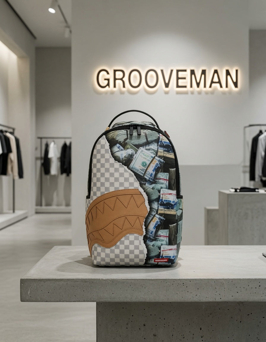 A Grooveman x Sprayground Street backpack displayed on a concrete pedestal inside a modern boutique. The backpack features a split design: one half is a gray and white checkerboard pattern with a tan shark-mouth graphic, and the other half is covered in a stack of dollar bills.