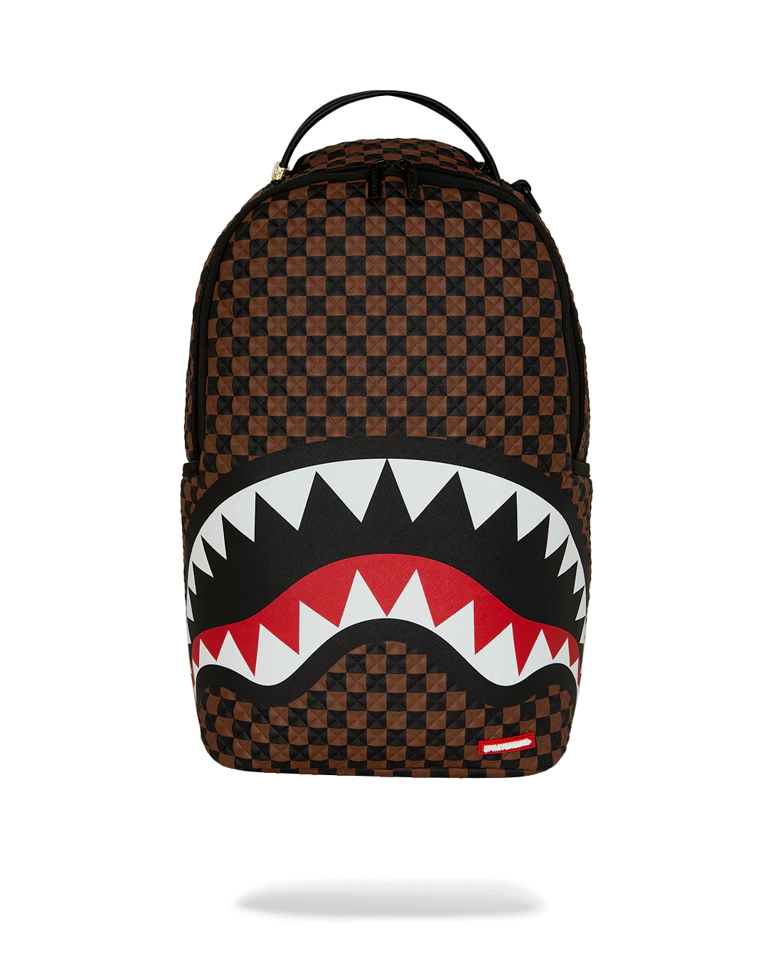 Backpack with checkered pattern and shark mouth design on a white background