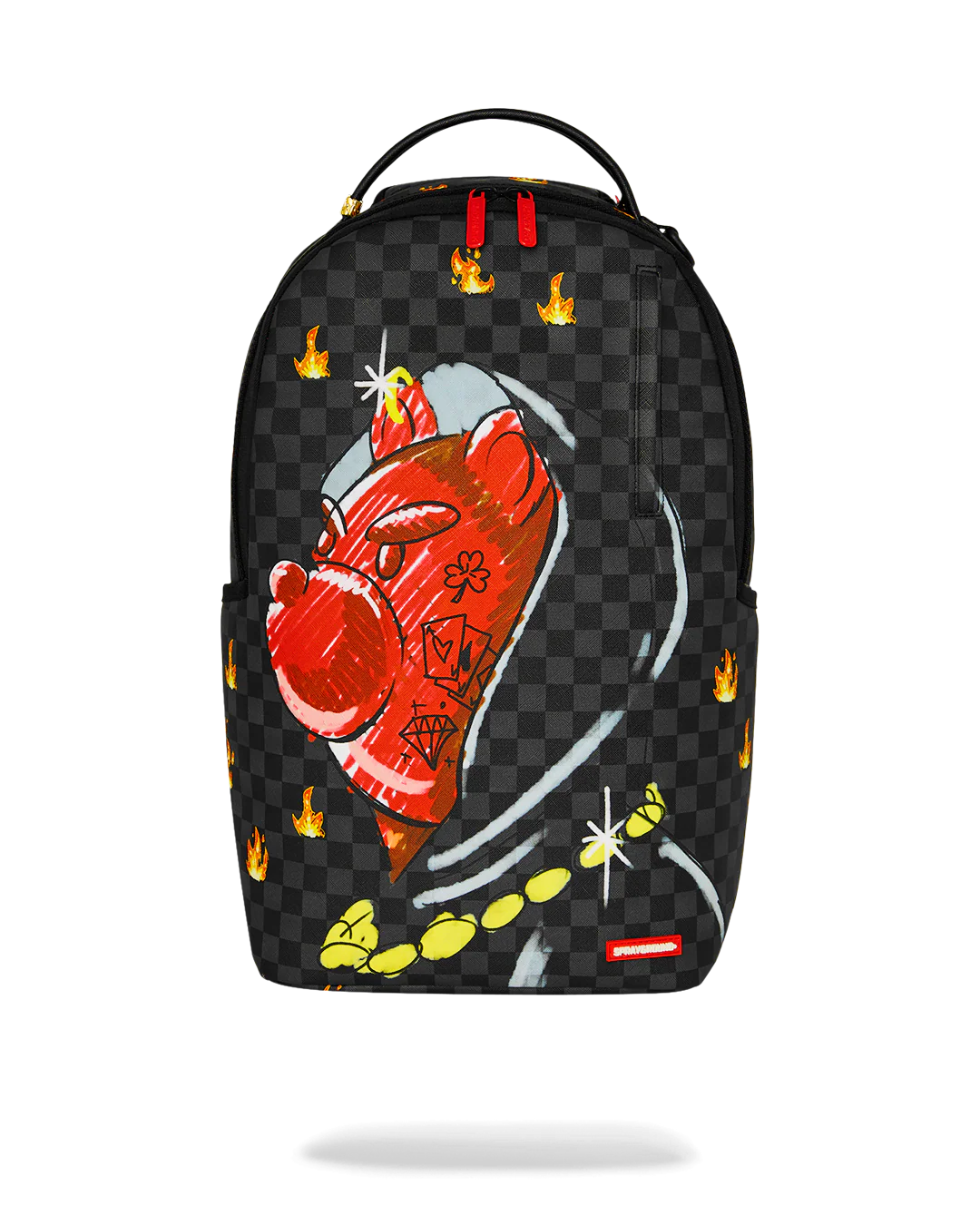 A black checkered Spraycraft backpack featuring a large red cartoon pig character with a gray helmet, yellow flames, and a gold chain graphic, shown on a white background.