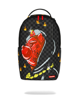 A black checkered Spraycraft backpack featuring a large red cartoon pig character with a gray helmet, yellow flames, and a gold chain graphic, shown on a white background.