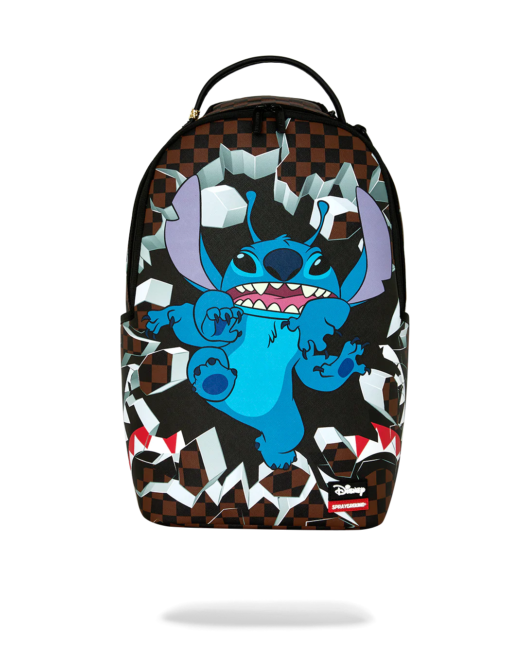 A Sprayground x Disney backpack featuring the blue character Stitch bursting through a cracked black and brown patterned design, with a black top handle and a small red-and-white Sprayground logo near the bottom right.