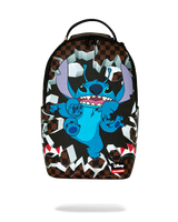 A Sprayground x Disney backpack featuring the blue character Stitch bursting through a cracked black and brown patterned design, with a black top handle and a small red-and-white Sprayground logo near the bottom right.