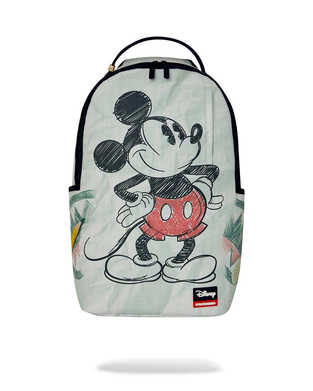 A Sprayground x Disney backpack featuring Mickey Mouse in a sketch-style black and red graphic on a pale mint green background with tropical leaf prints. The backpack has black zippers, a top handle, and a Sprayground logo patch near the bottom right.