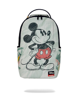 A Sprayground x Disney backpack featuring Mickey Mouse in a sketch-style black and red graphic on a pale mint green background with tropical leaf prints. The backpack has black zippers, a top handle, and a Sprayground logo patch near the bottom right.