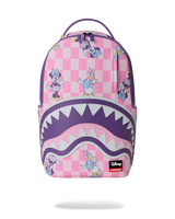 A pink and purple backpack featuring a checkerboard pattern with cartoon characters, a large shark-mouth graphic across the lower half, and a visible Disney logo patch near the bottom right.