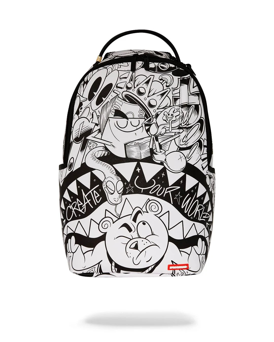 Backpack with black and white graffiti-style design on a white background