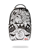Backpack with black and white graffiti-style design on a white background