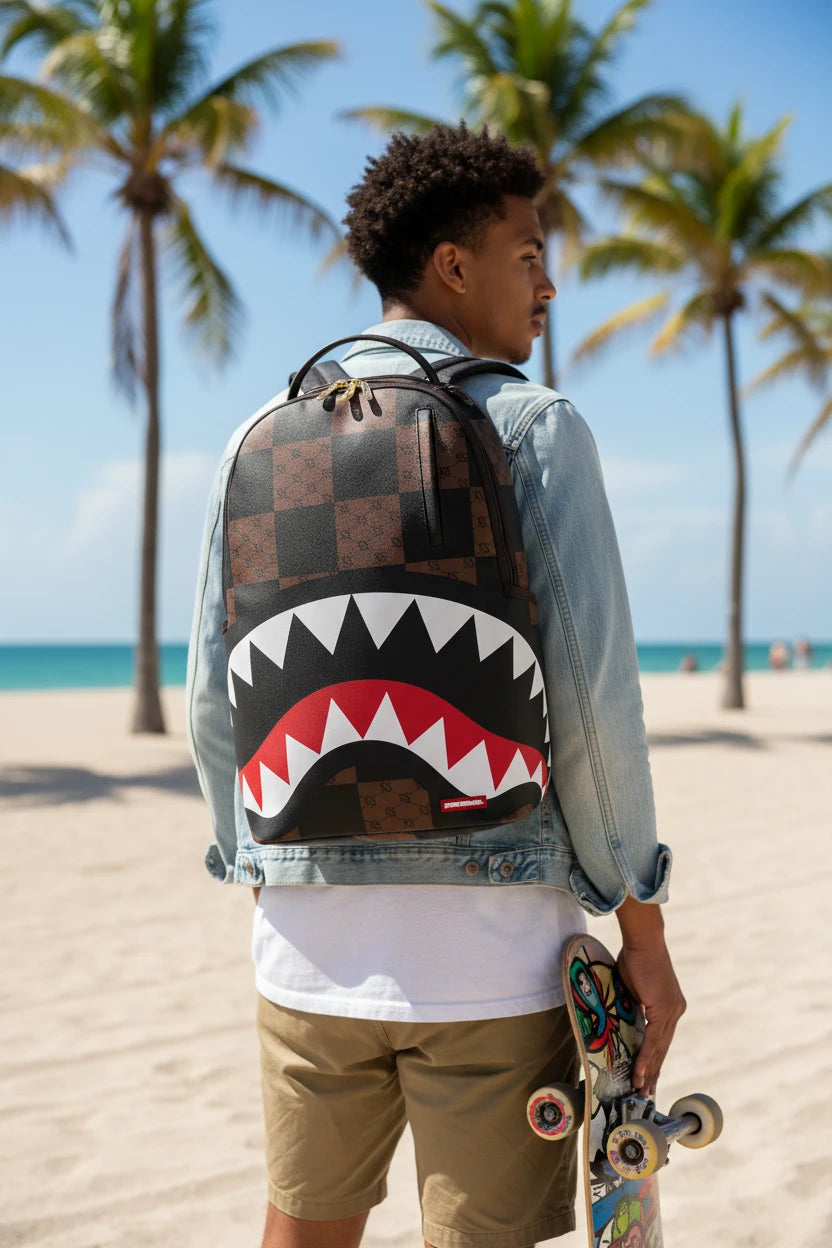 Backpack with checkered pattern and shark mouth design on a light gray background