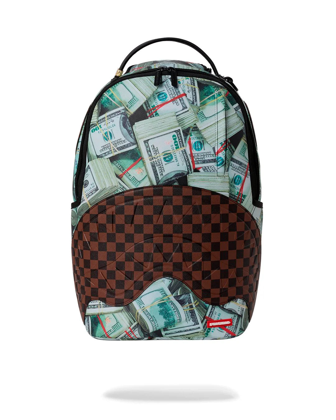 Backpack with dollar bill and checkered pattern on a white background