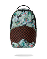 Backpack with dollar bill and checkered pattern on a white background