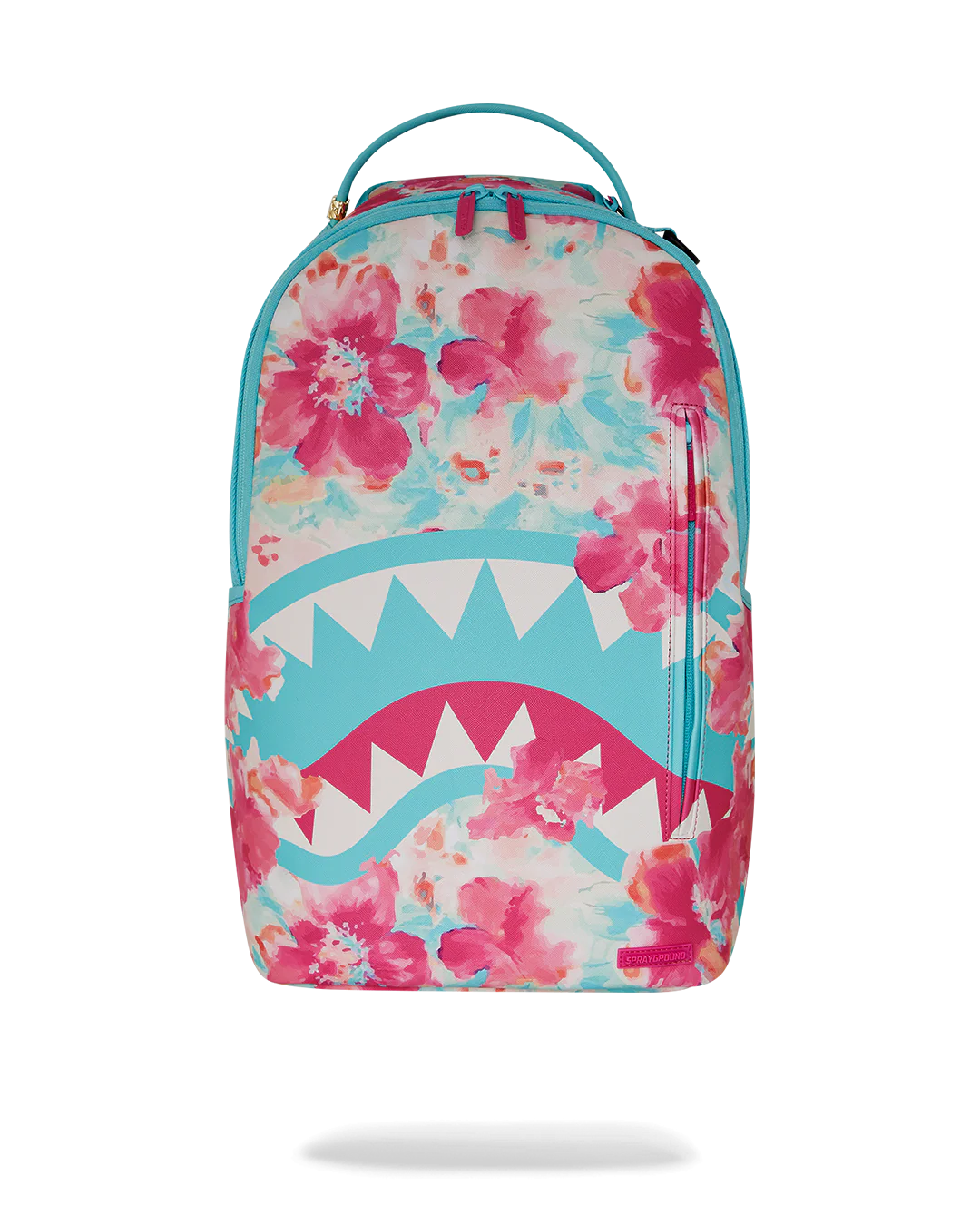 Backpack with floral design and shark mouth graphic on a white background