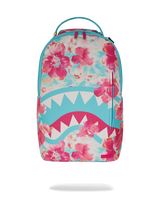 Backpack with floral design and shark mouth graphic on a white background