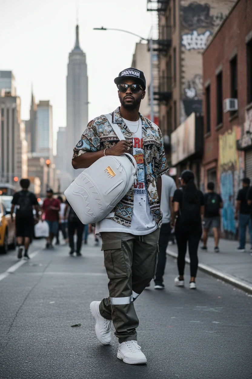 White backpack with a gold logo on a white background