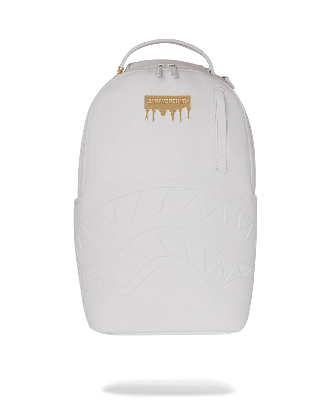 White backpack with a gold logo on a white background