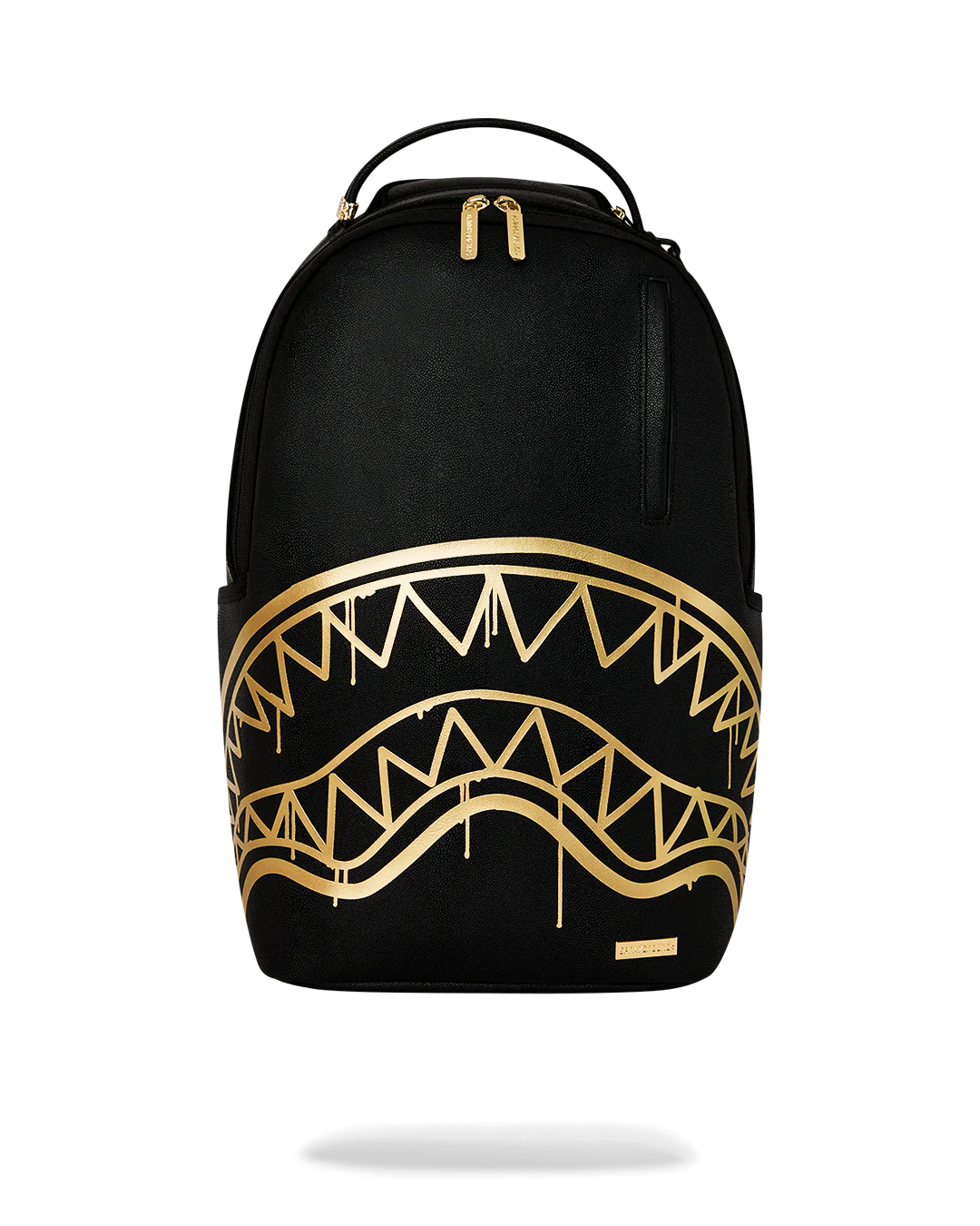 Black backpack with gold geometric design on a white background