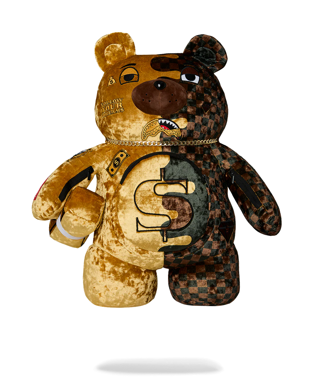 A split-design teddy bear plush toy, featuring one half in gold velvet with a dollar sign and the other half in a dark brown and black checkered pattern, set against a plain white background.