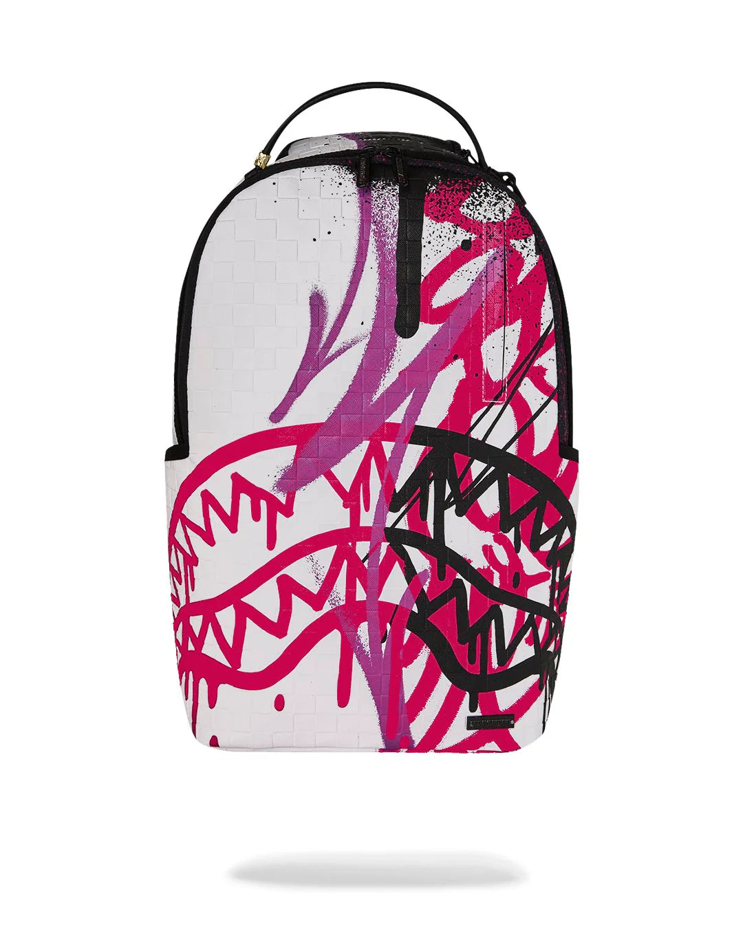 Backpack with pink and black graphics on a white background