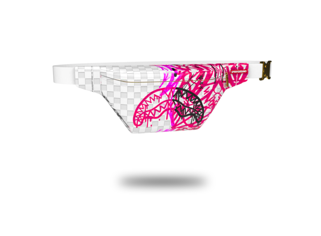 Fanny pack with checkered pattern and pink floral design on a white background