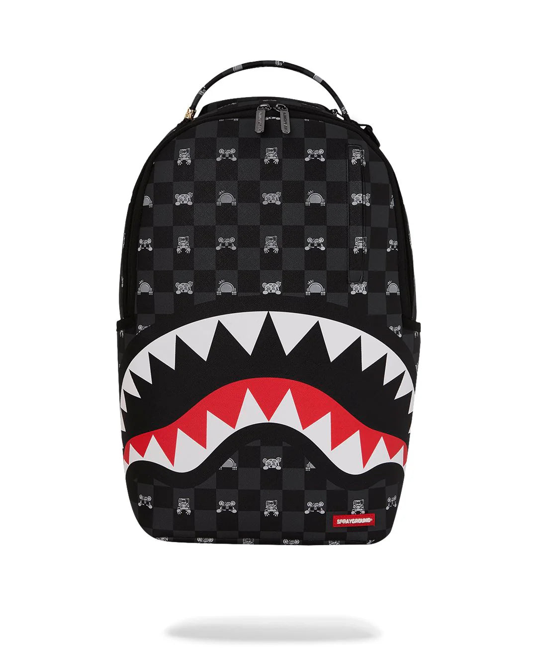 Black checkered backpack with shark mouth design on a white background