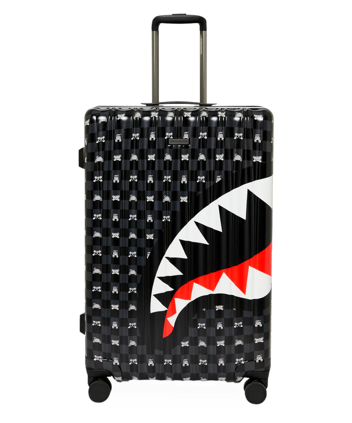 Luggage with a shark mouth design on a white background