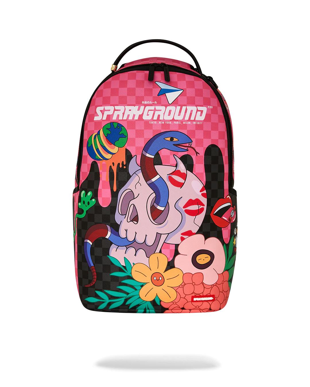 Colorful backpack with artistic design and 'Sprayground' branding on a white background
