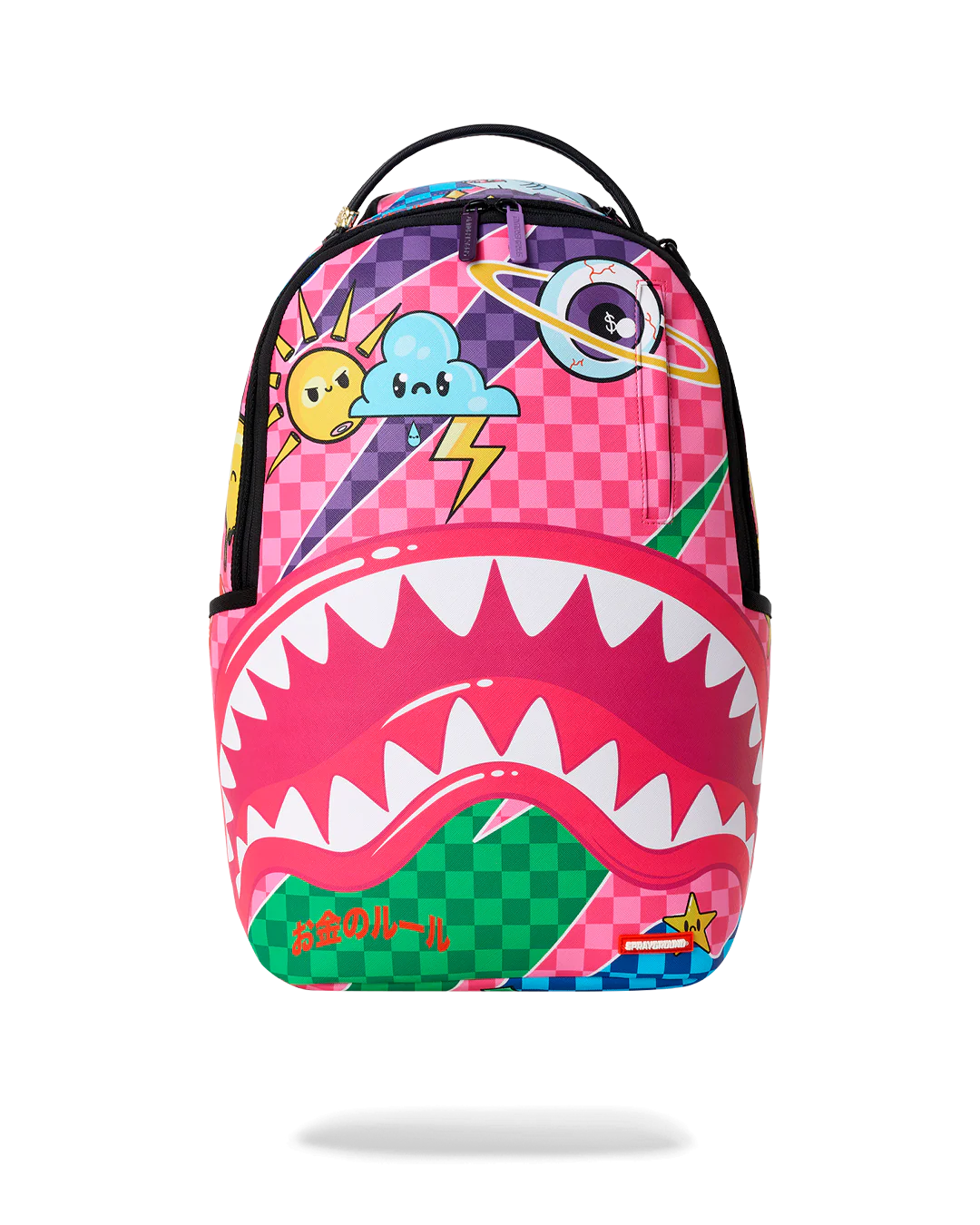 A Sprayground backpack featuring a vibrant pop-art shark mouth design with pink, green, yellow, and blue graphics on a white background.