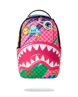 A Sprayground backpack featuring a vibrant pop-art shark mouth design with pink, green, yellow, and blue graphics on a white background.