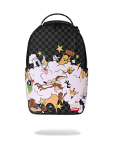 A Sprayground backpack featuring a black and gray checkerboard pattern on the upper half and a colorful cartoon explosion graphic on the lower half, with a top handle and Sprayground logo patch.