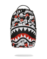 Backpack with cartoon character design and shark mouth graphic on a white background