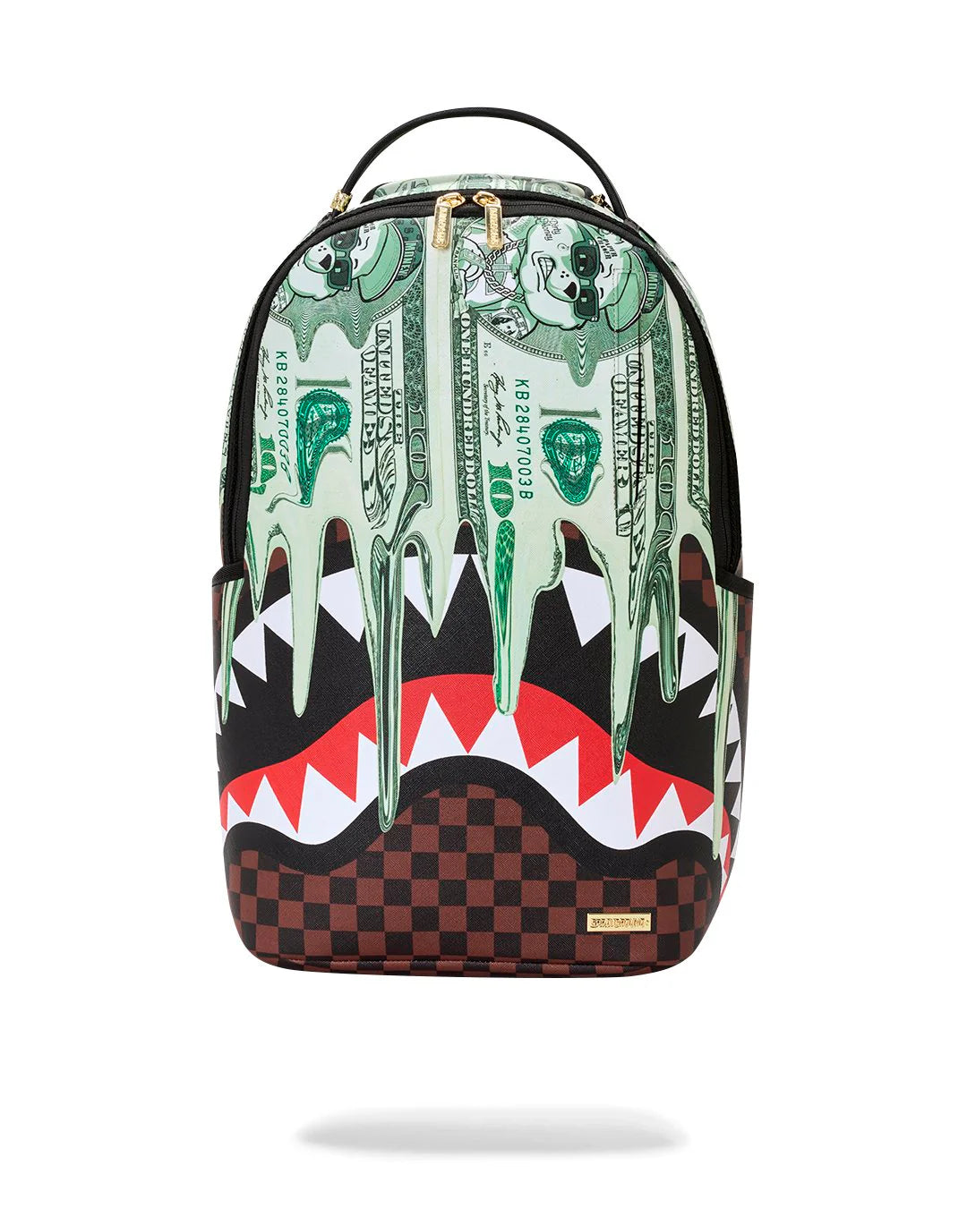 A Spraycraft Shark backpack featuring a green dollar bill dripping design over a black and red shark mouth graphic, with a brown checkerboard pattern on the bottom and a black top handle.