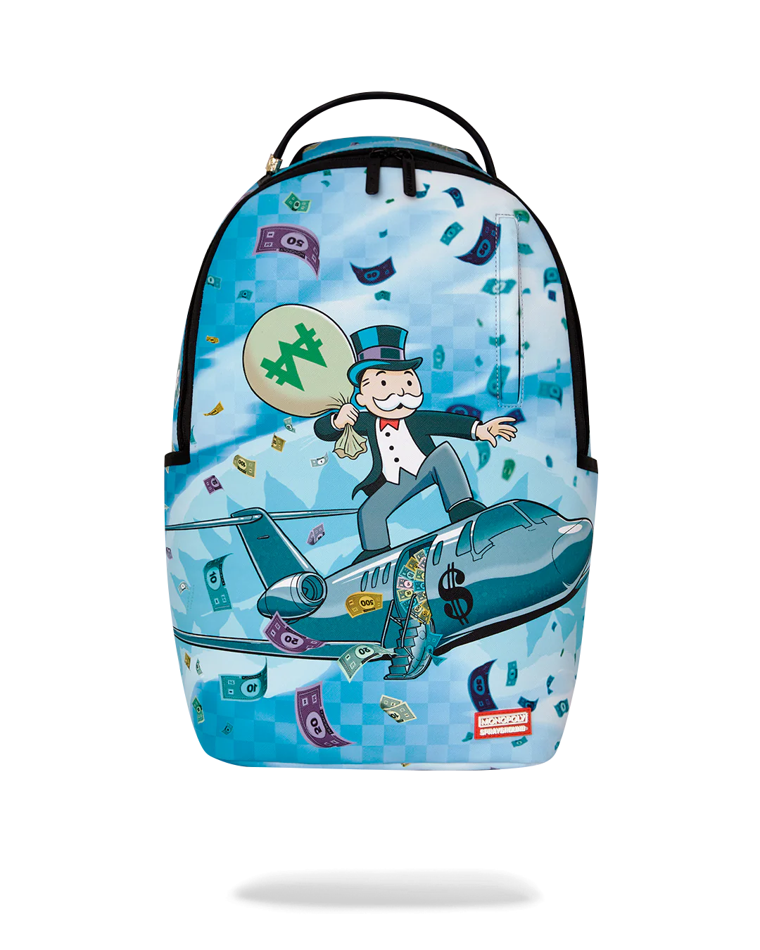 Backpack with Monopoly-themed design featuring a character on an airplane with money around.