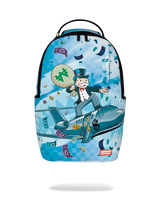 Backpack with Monopoly-themed design featuring a character on an airplane with money around.