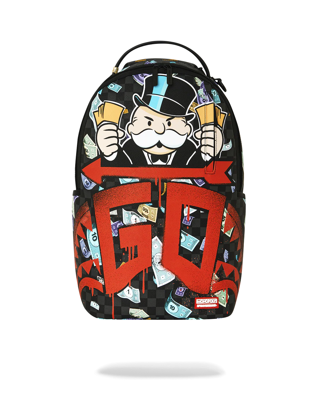 A Sprayground backpack featuring a black and white checkerboard pattern with a cartoon character holding money, large red 'GO' lettering, and scattered dollar bill graphics, shown on a white background with a soft shadow below.